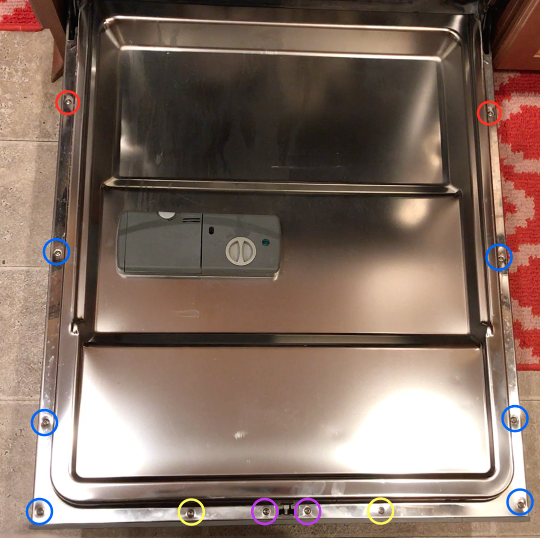  Take red screws out last, or you're going to have a bad time. Also note that Yellow and Purple are different sizes from the rest of the screws. Yellow are long and purple are medium, while blue and red are the same small size. 